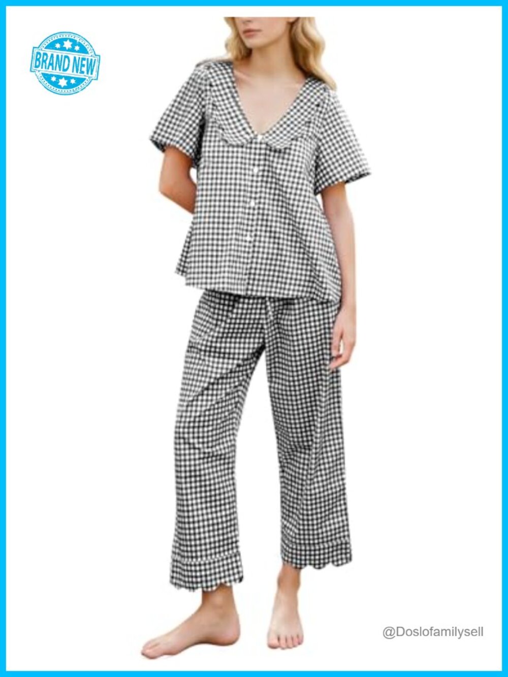 100% Cotton Gingham Pajama Set Ruffle Lace Trim V-Neck Wide Leg